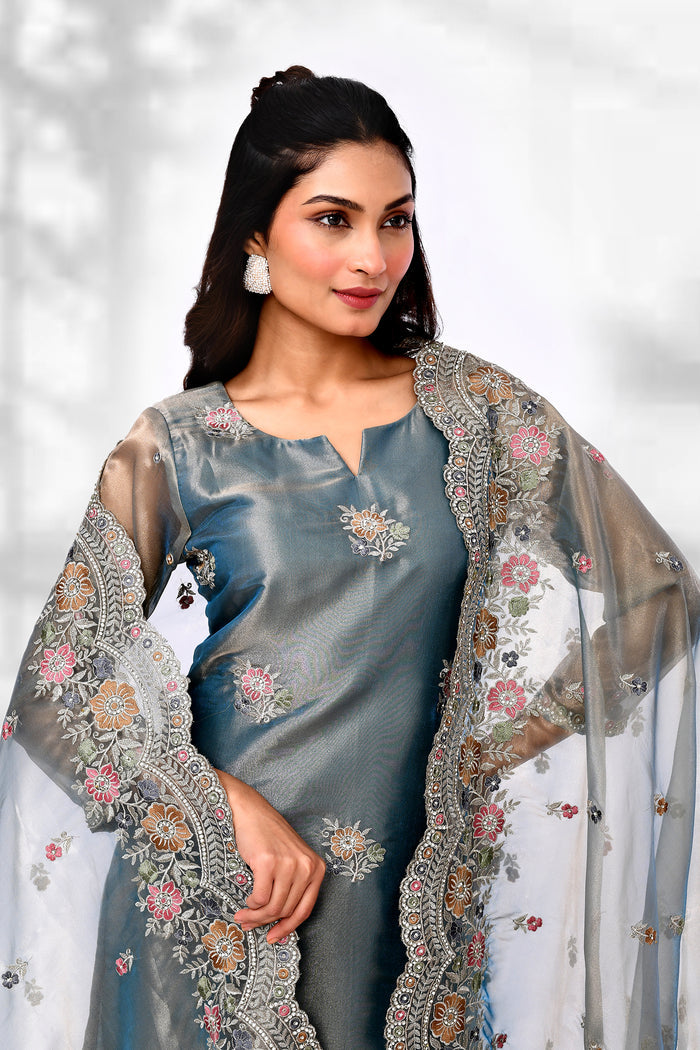 Teal Blue Organza Tissue Floral Kurta Set