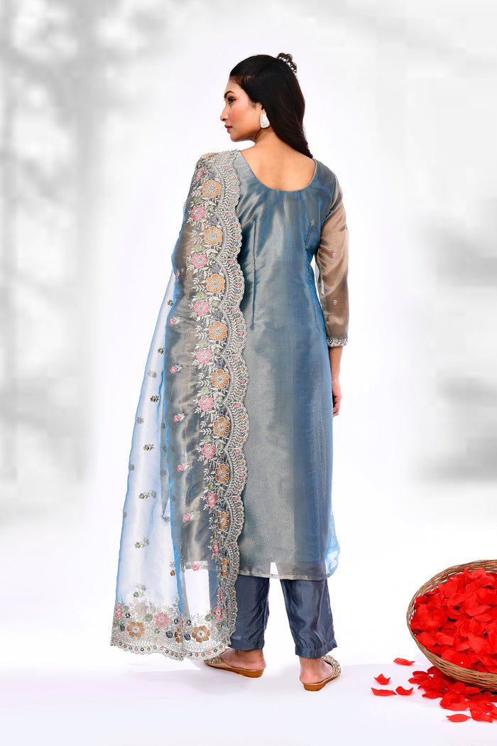 Teal Blue Organza Tissue Floral Kurta Set