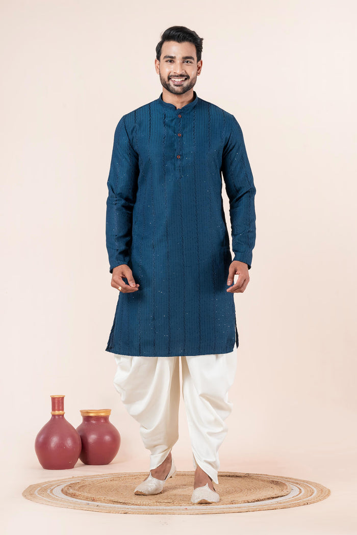 Teal Blue Silk Blend Embroidered Dhoti Set