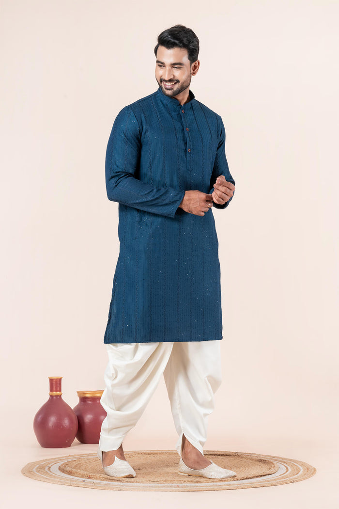 Teal Blue Silk Blend Embroidered Dhoti Set