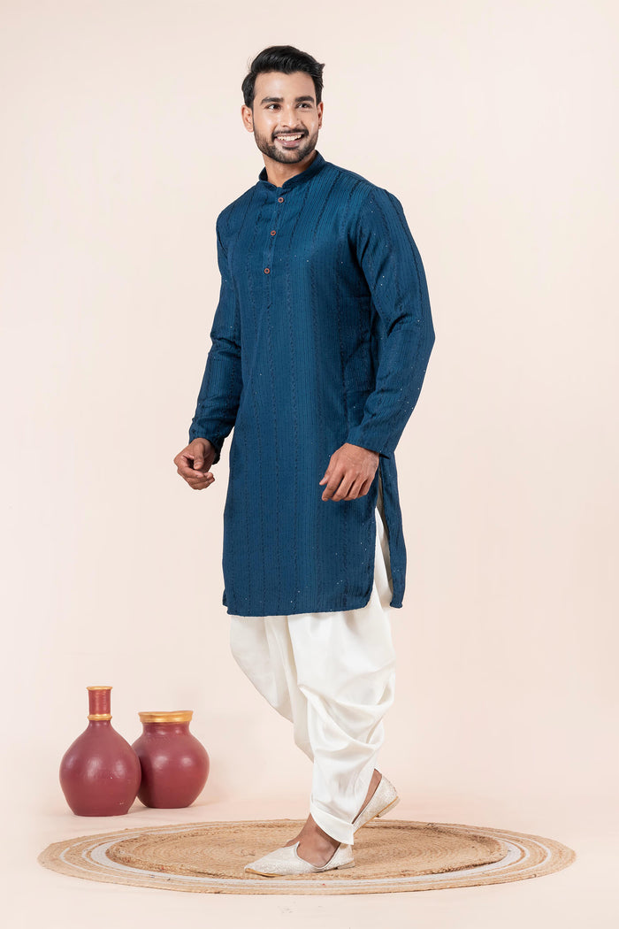 Teal Blue Silk Blend Embroidered Dhoti Set