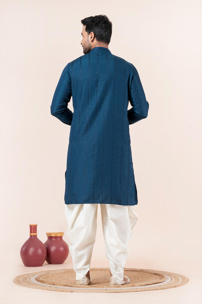 Teal Blue Silk Blend Embroidered Dhoti Set