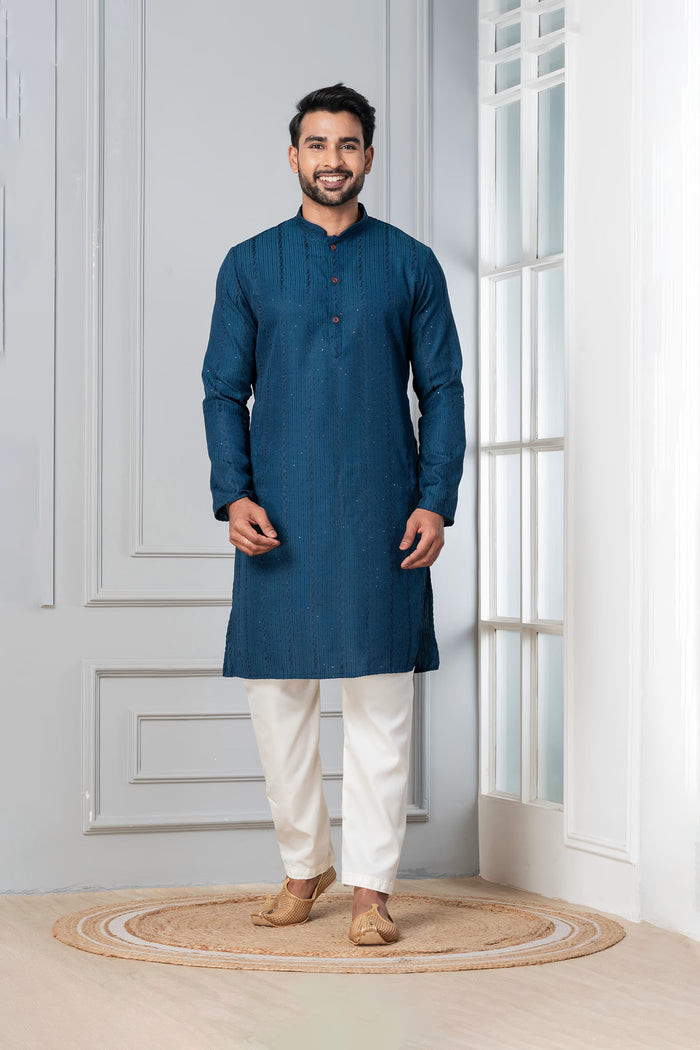Teal Blue Silk Blend Embroidered Kurta Set