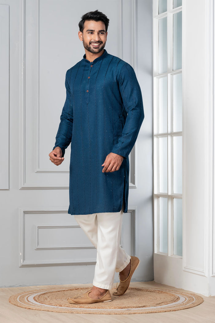 Teal Blue Silk Blend Embroidered Kurta Set