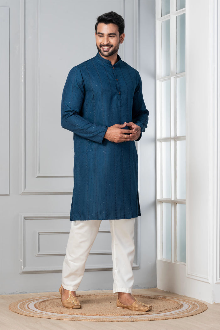 Teal Blue Silk Blend Embroidered Kurta Set