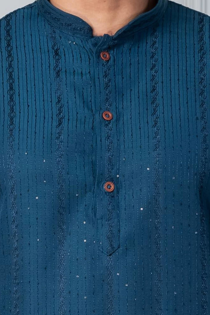 Teal Blue Silk Blend Embroidered Kurta Set