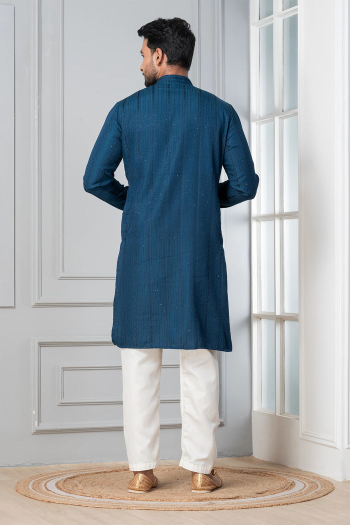Teal Blue Silk Blend Embroidered Kurta Set