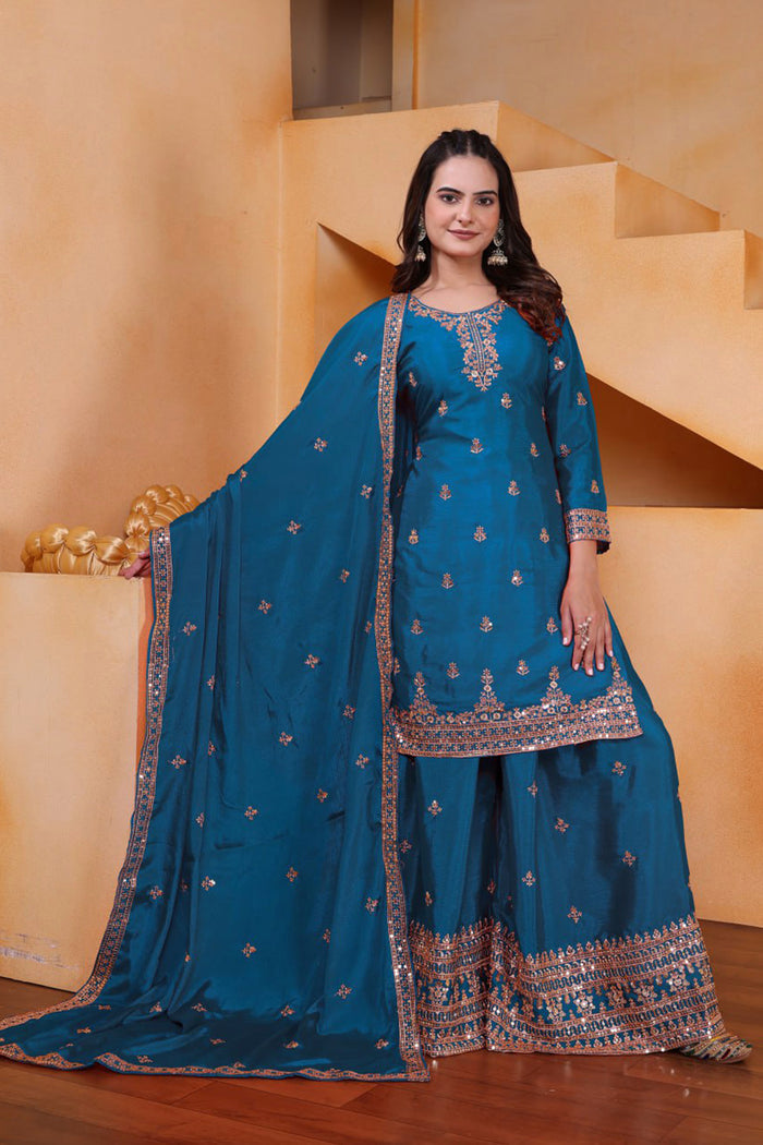 Teal Blue Silk Embroidered Sharara Set