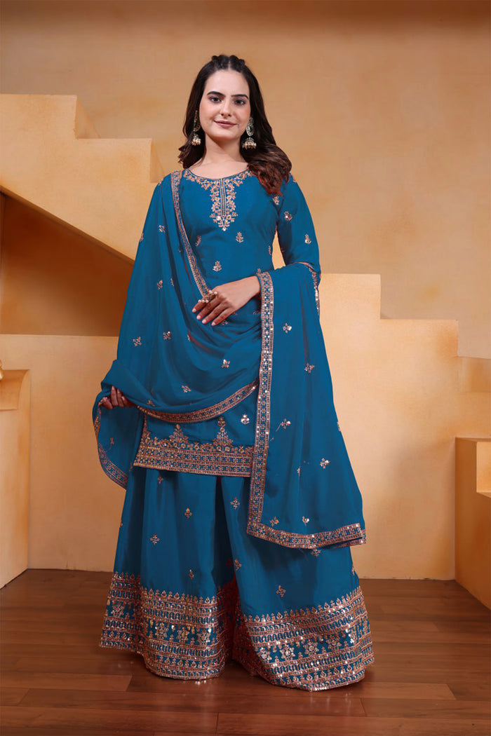 Teal Blue Silk Embroidered Sharara Set