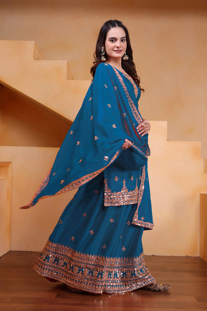 Teal Blue Silk Embroidered Sharara Set