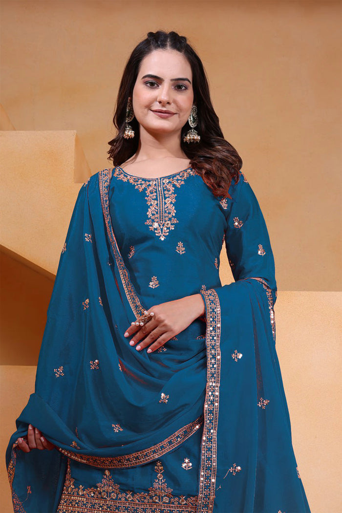 Teal Blue Silk Embroidered Sharara Set