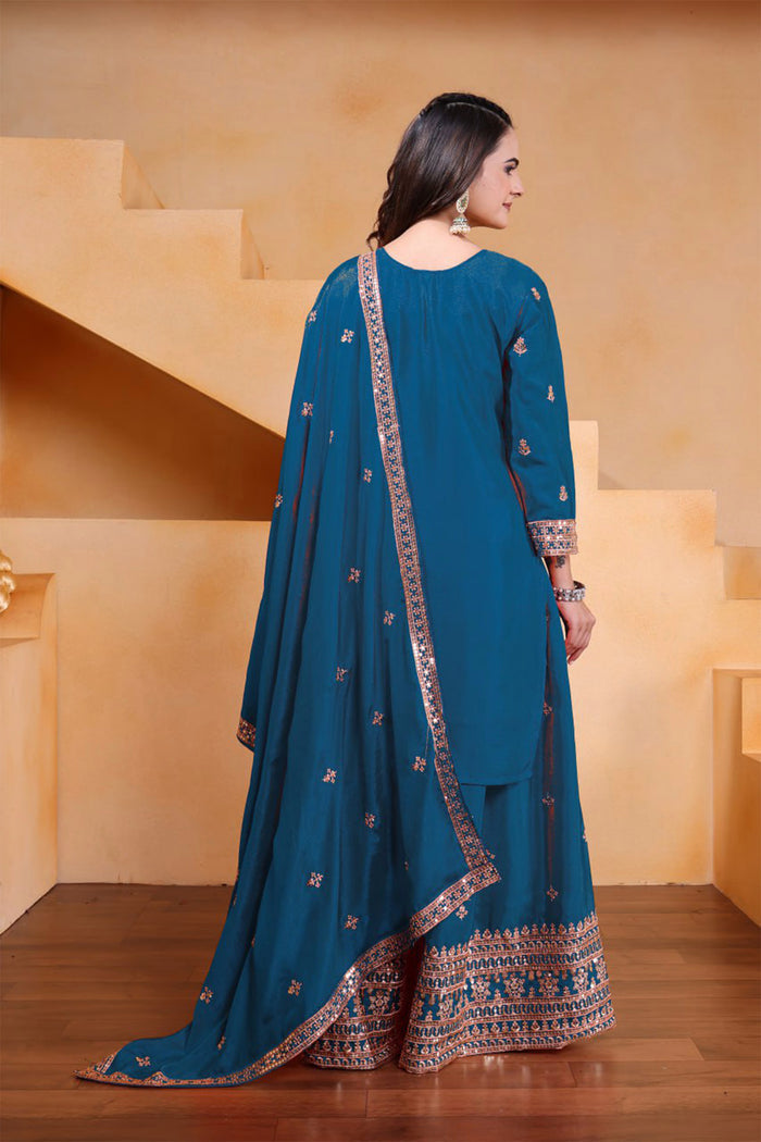 Teal Blue Silk Embroidered Sharara Set