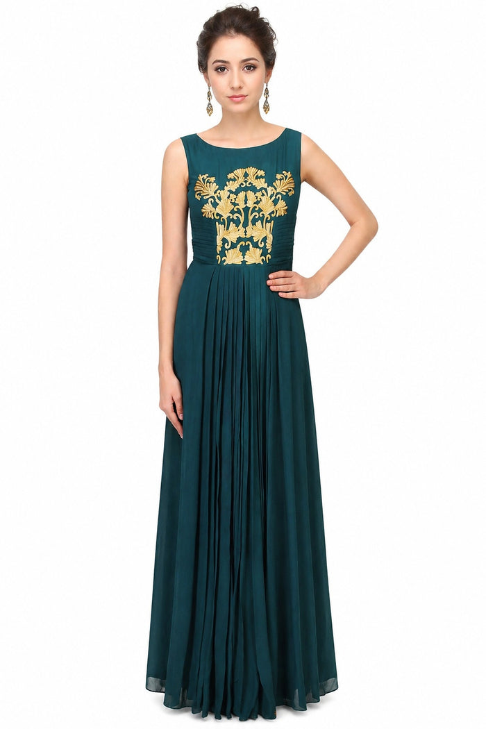 Teal Georgette Gown With Gold Floral Embroidered Bodice