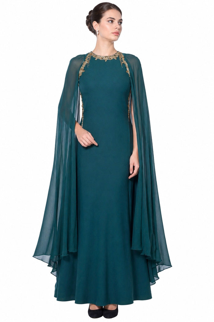 Teal Gold Embroidered Cape Gown