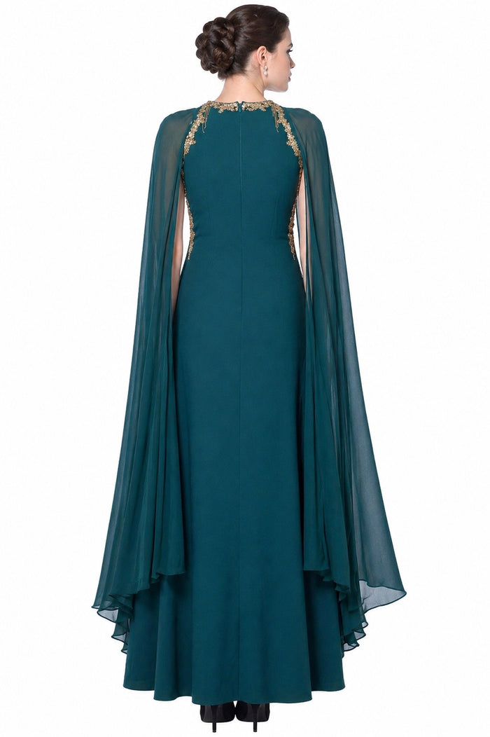 Teal Gold Embroidered Cape Gown