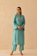 <img> Teal Green Cotton Santoon Solid Kurti Set