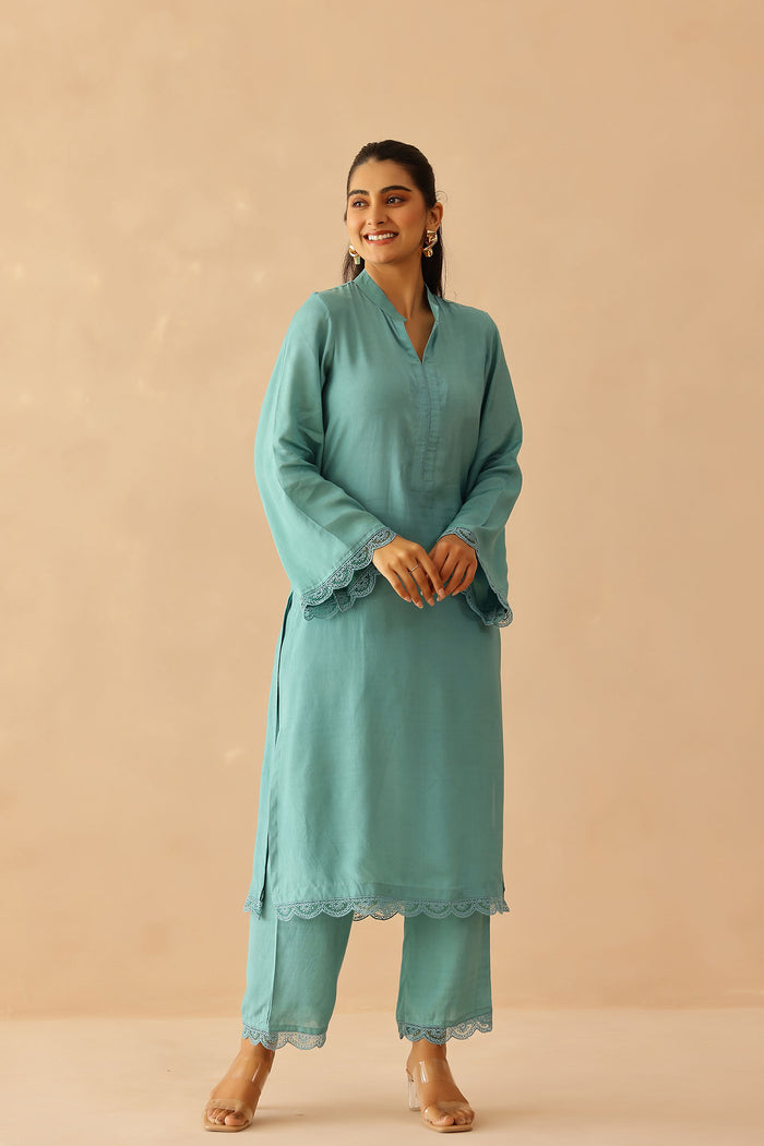 <img> Teal Green Cotton Santoon Solid Kurti Set