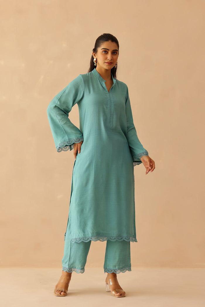 <img> Teal Green Cotton Santoon Solid Kurti Set