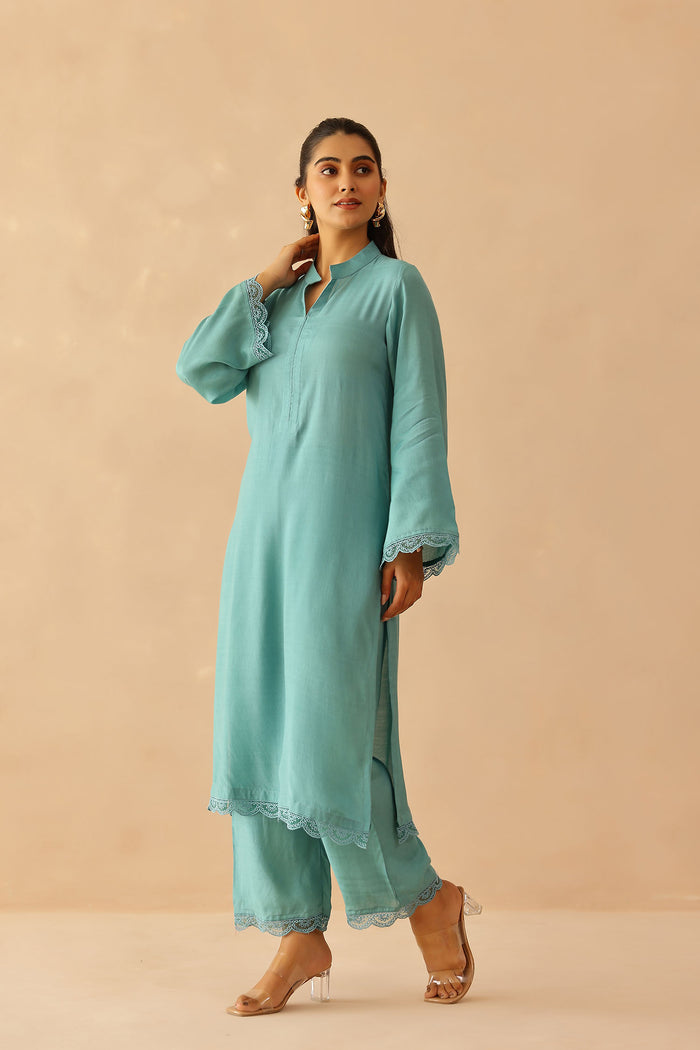 <img> Teal Green Cotton Santoon Solid Kurti Set