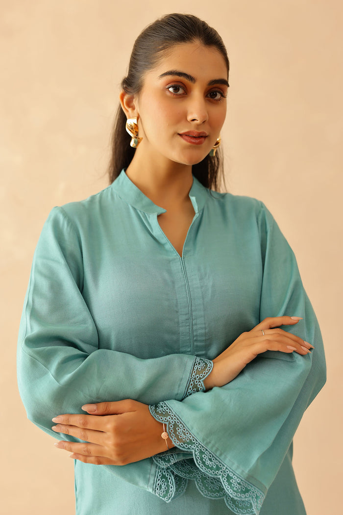 <img> Teal Green Cotton Santoon Solid Kurti Set