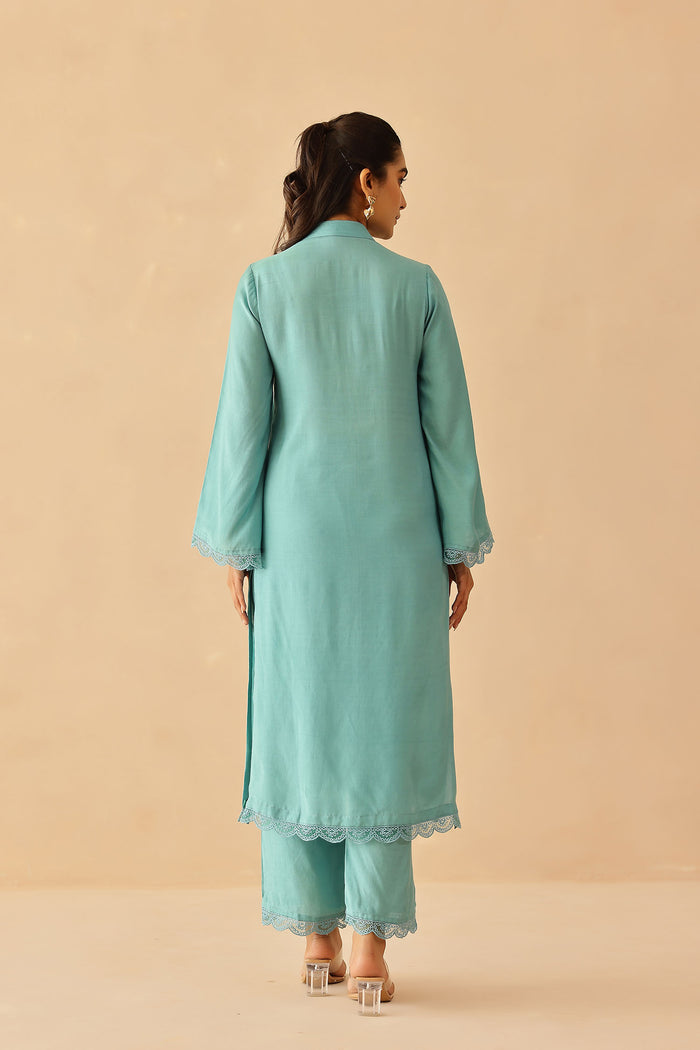 <img> Teal Green Cotton Santoon Solid Kurti Set