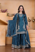 Teal Green Embroidered Crepe Sharara Set