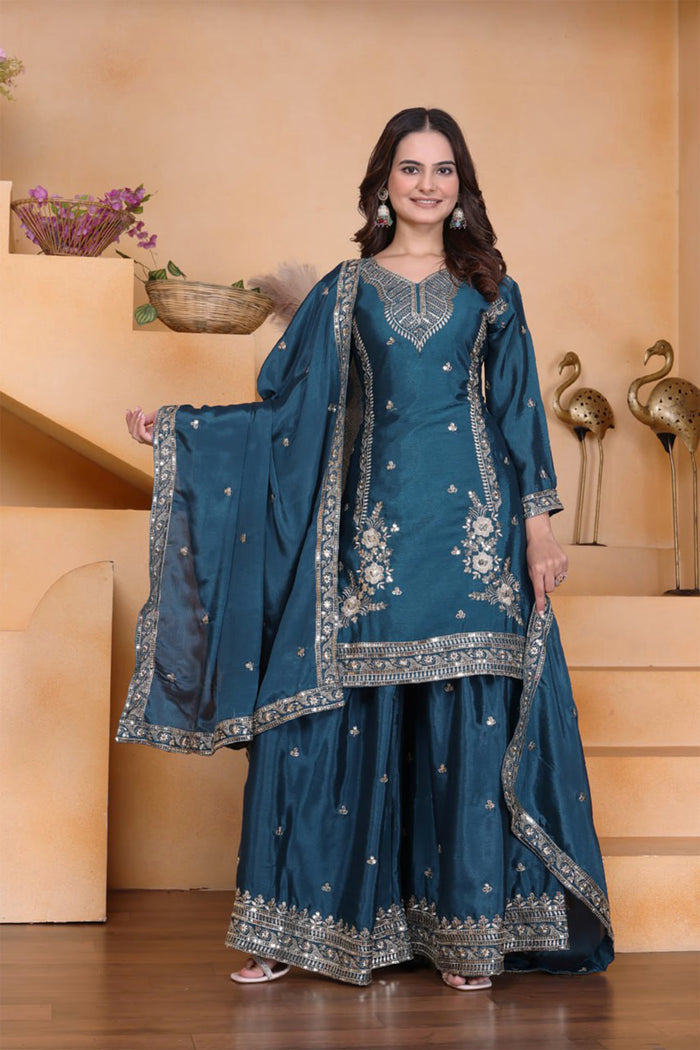 Teal Green Embroidered Crepe Sharara Set