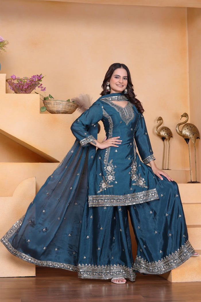 Teal Green Embroidered Crepe Sharara Set