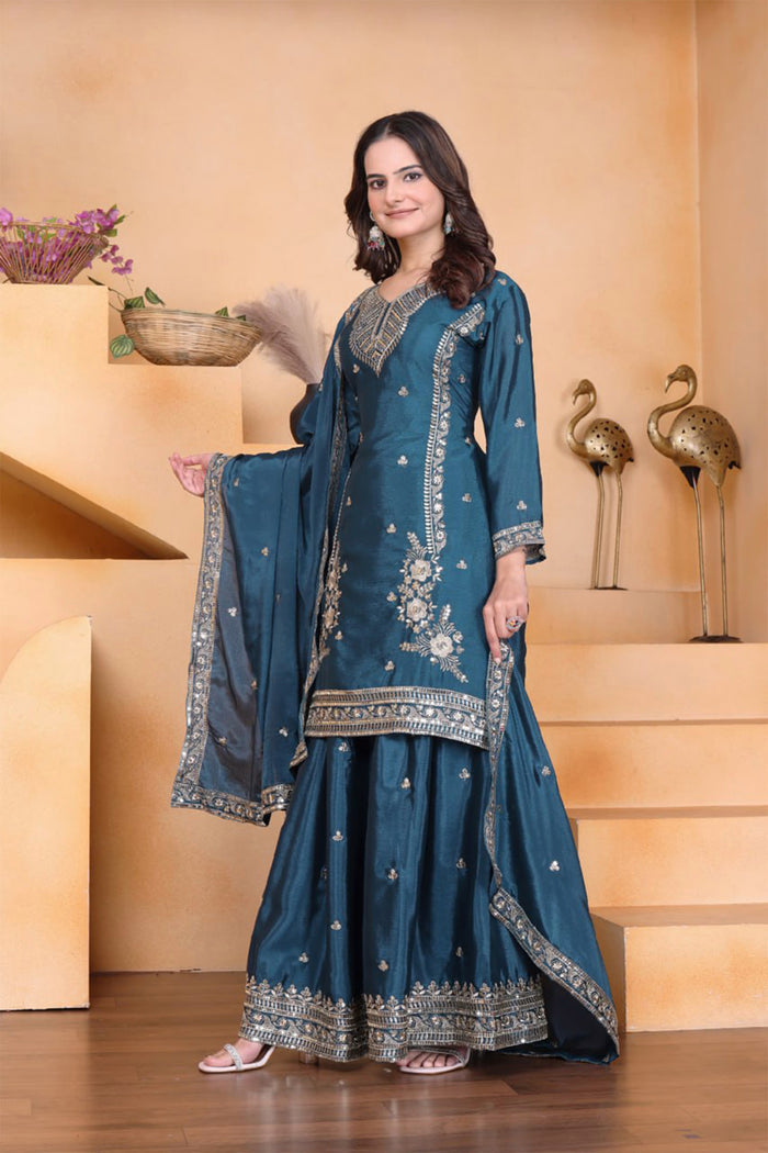 Teal Green Embroidered Crepe Sharara Set