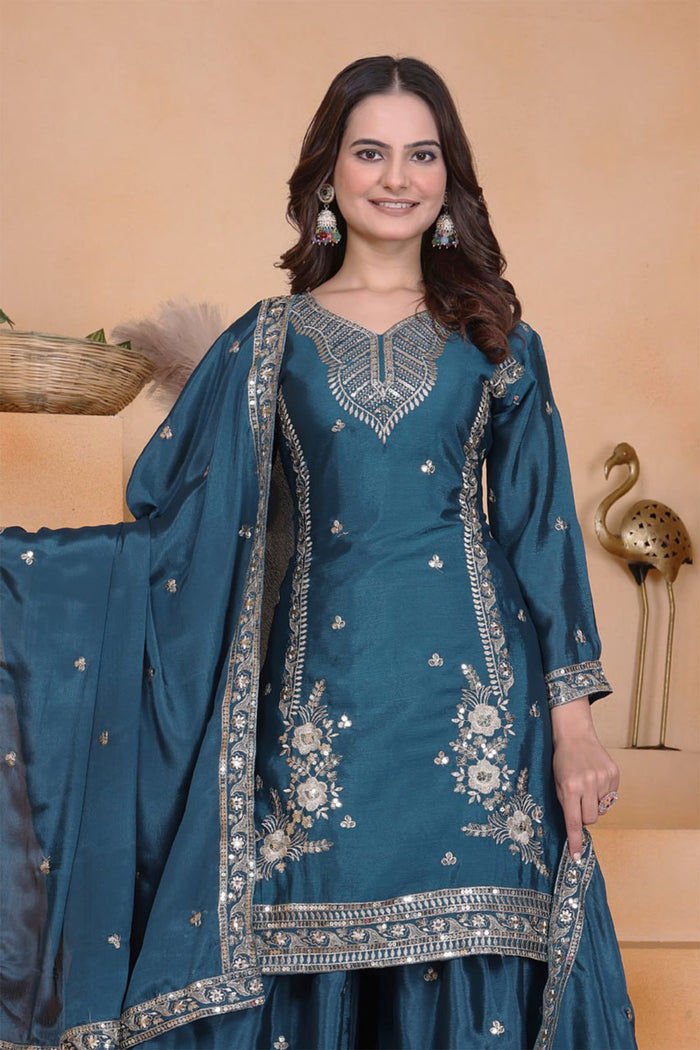 Teal Green Embroidered Crepe Sharara Set