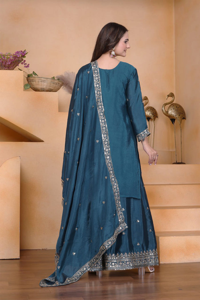 Teal Green Embroidered Crepe Sharara Set