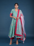 Teal Green Floral Angrakha Cotton Anarkali Set