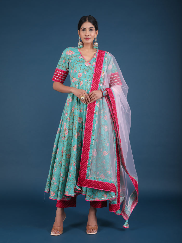 Teal Green Floral Angrakha Cotton Anarkali Set