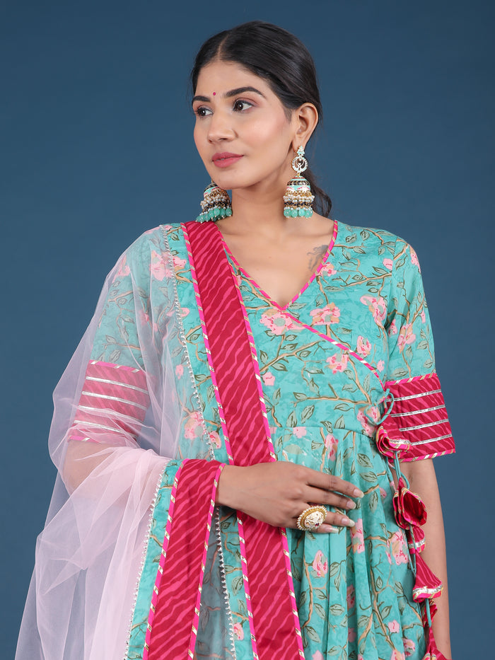 Teal Green Floral Angrakha Cotton Anarkali Set