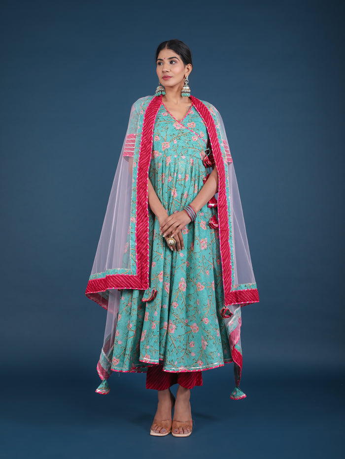 Teal Green Floral Angrakha Cotton Anarkali Set