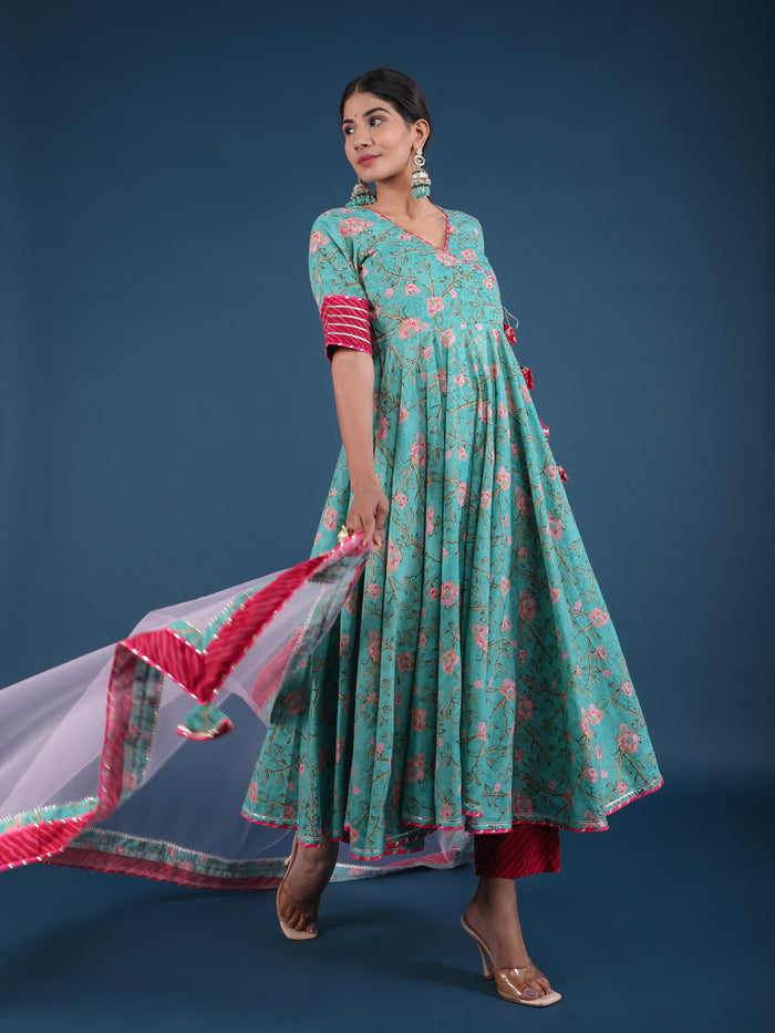 Teal Green Floral Angrakha Cotton Anarkali Set