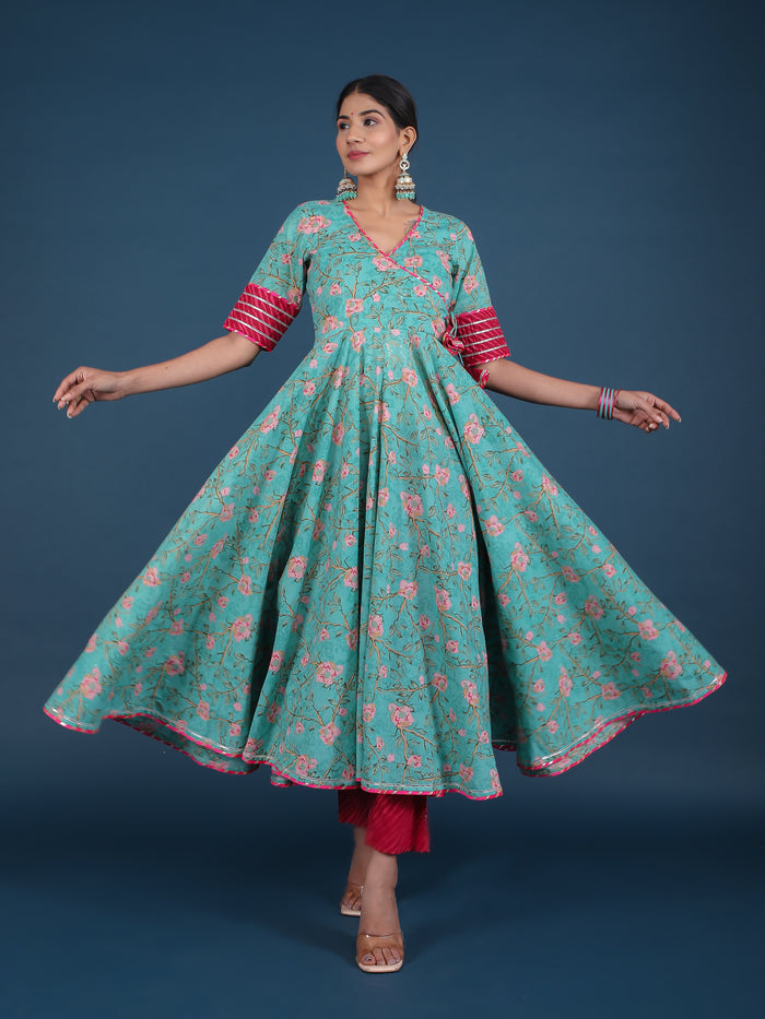 Teal Green Floral Angrakha Cotton Anarkali Set