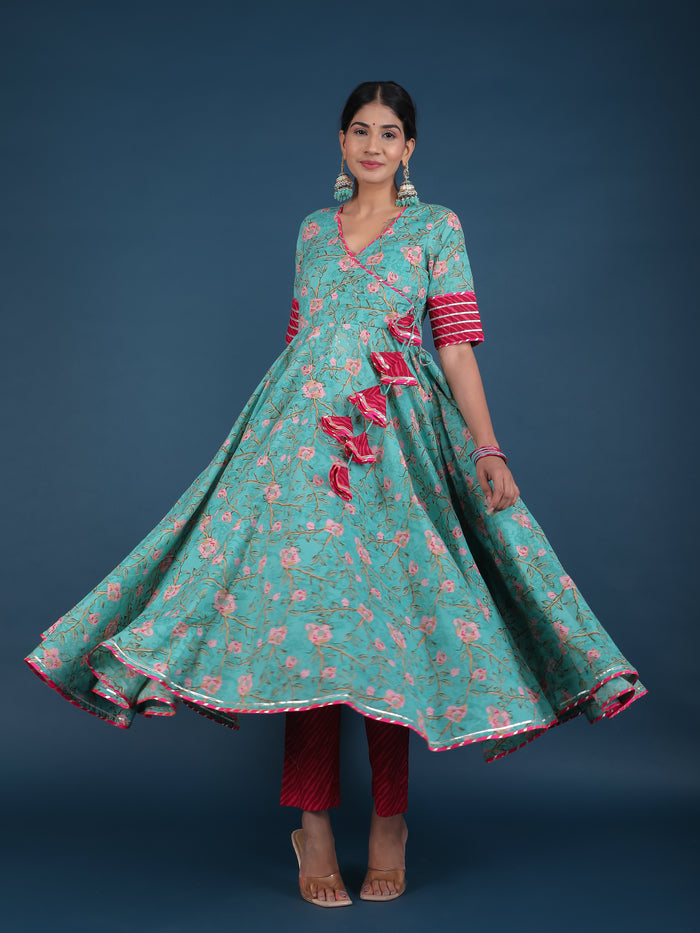 Teal Green Floral Angrakha Cotton Anarkali Set