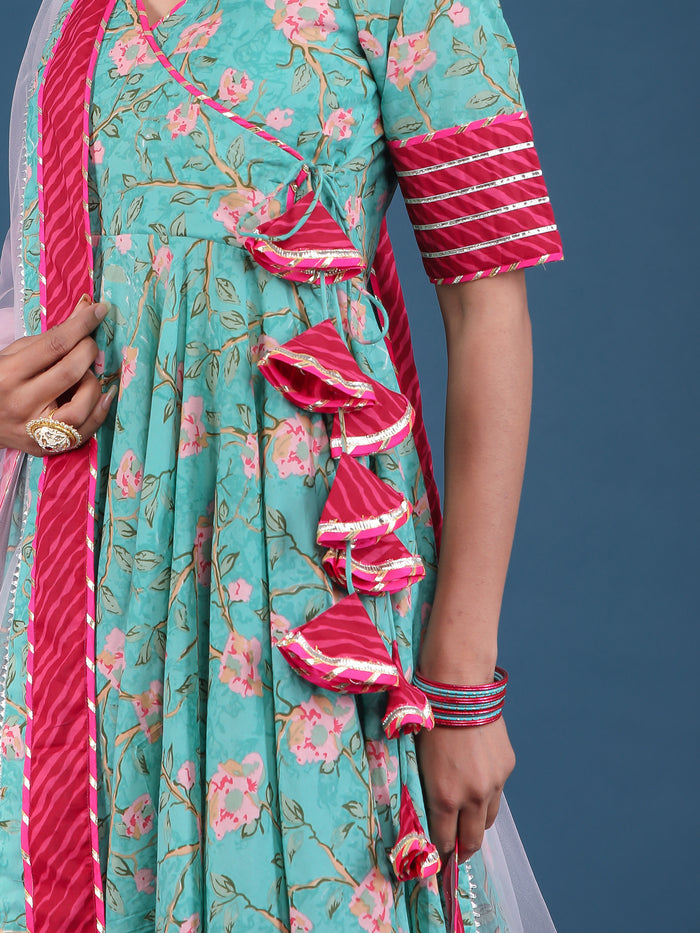 Teal Green Floral Angrakha Cotton Anarkali Set