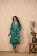 <img> Teal Green Russian Silk Solid Kurti Set