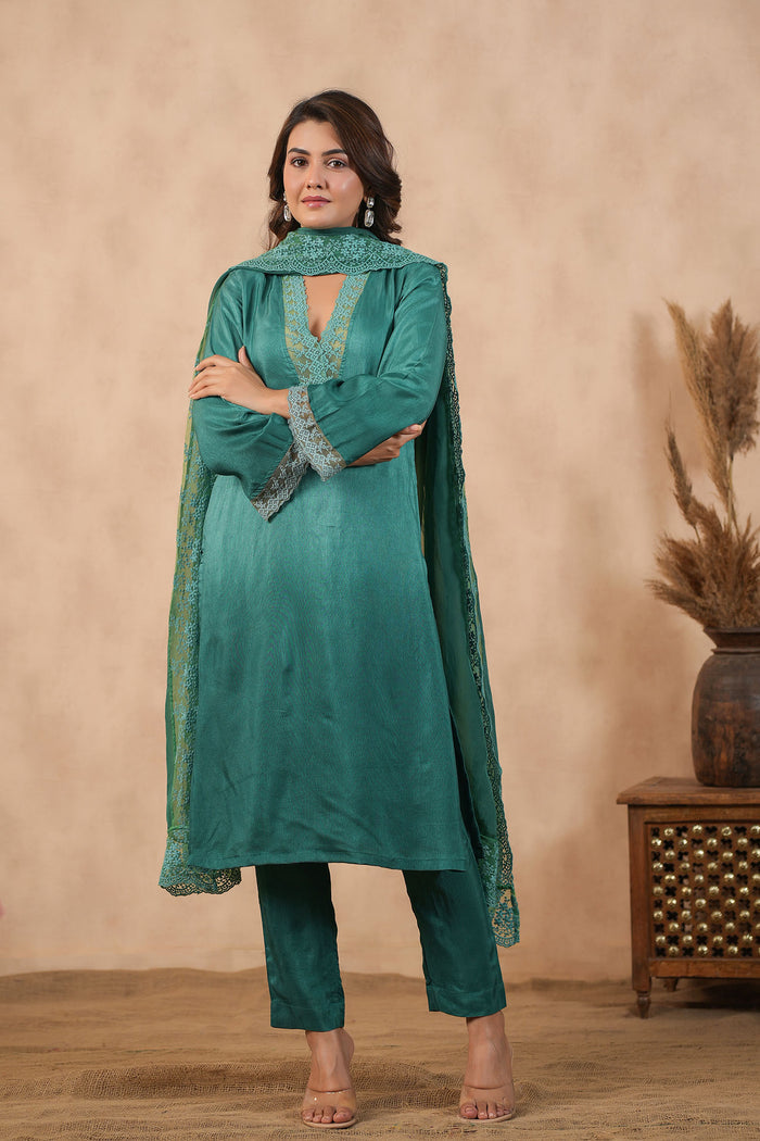 <img> Teal Green Russian Silk Solid Kurti Set