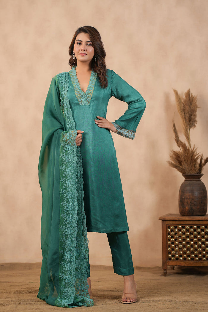 <img> Teal Green Russian Silk Solid Kurti Set