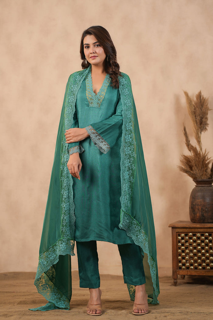 <img> Teal Green Russian Silk Solid Kurti Set