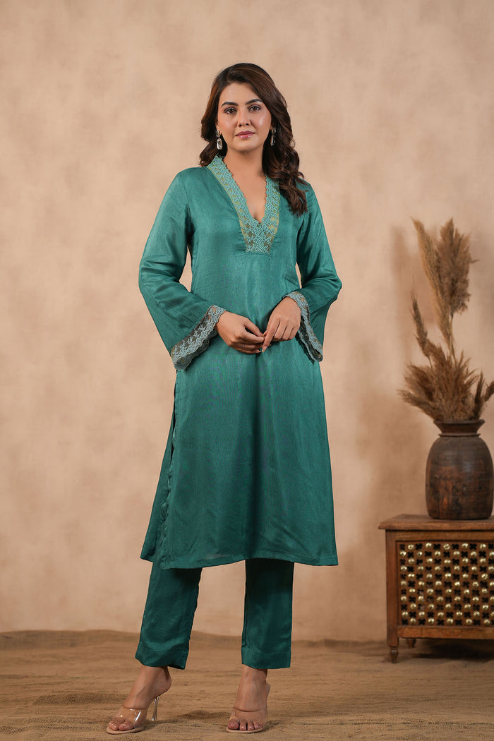 <img> Teal Green Russian Silk Solid Kurti Set