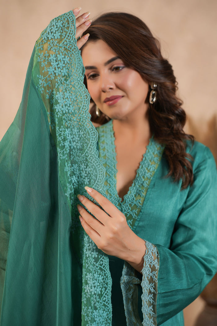 <img> Teal Green Russian Silk Solid Kurti Set