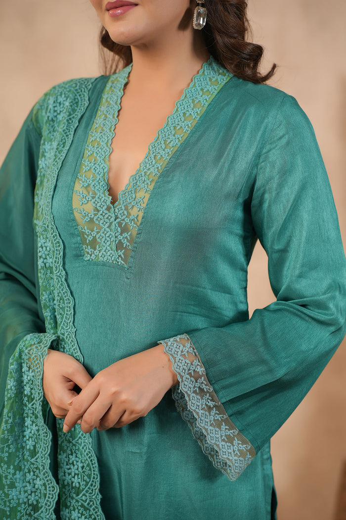 <img> Teal Green Russian Silk Solid Kurti Set
