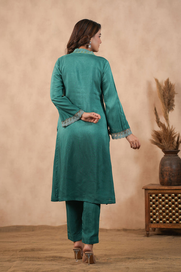 <img> Teal Green Russian Silk Solid Kurti Set