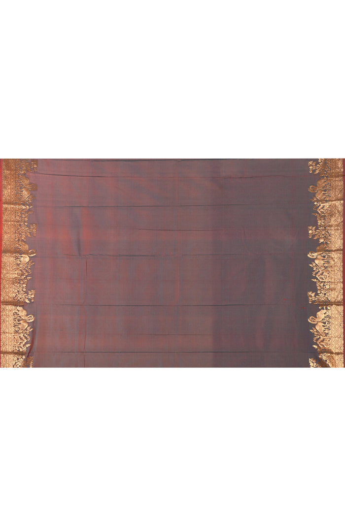 Teal Green With Gold Zari Butti And Bronze Woven Pallu Kanjivaram Silk Saree
