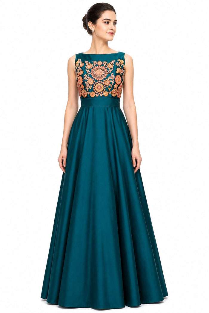 Teal Multicolor Embroidered A-Line Gown
