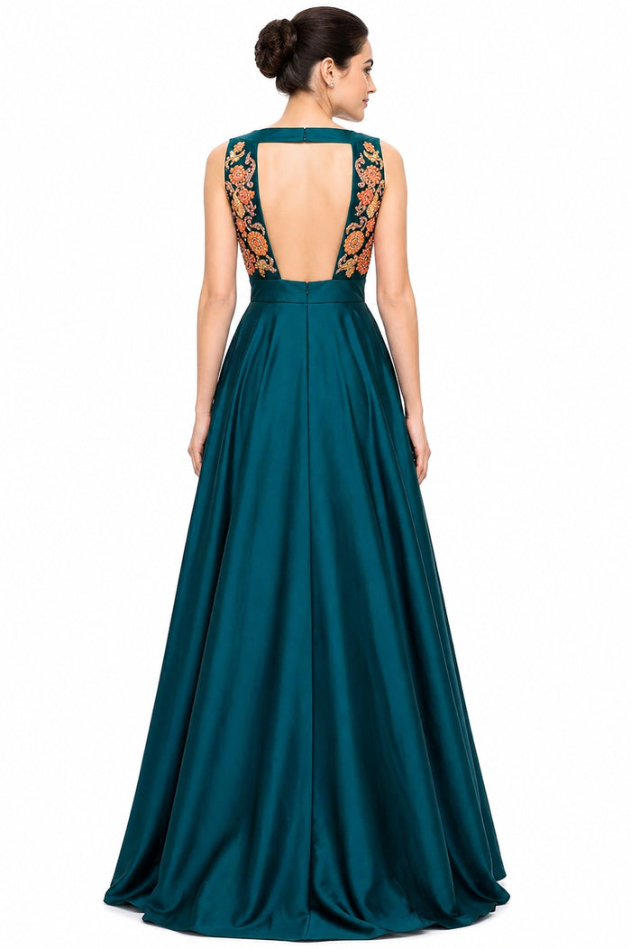 Teal Multicolor Embroidered A-Line Gown